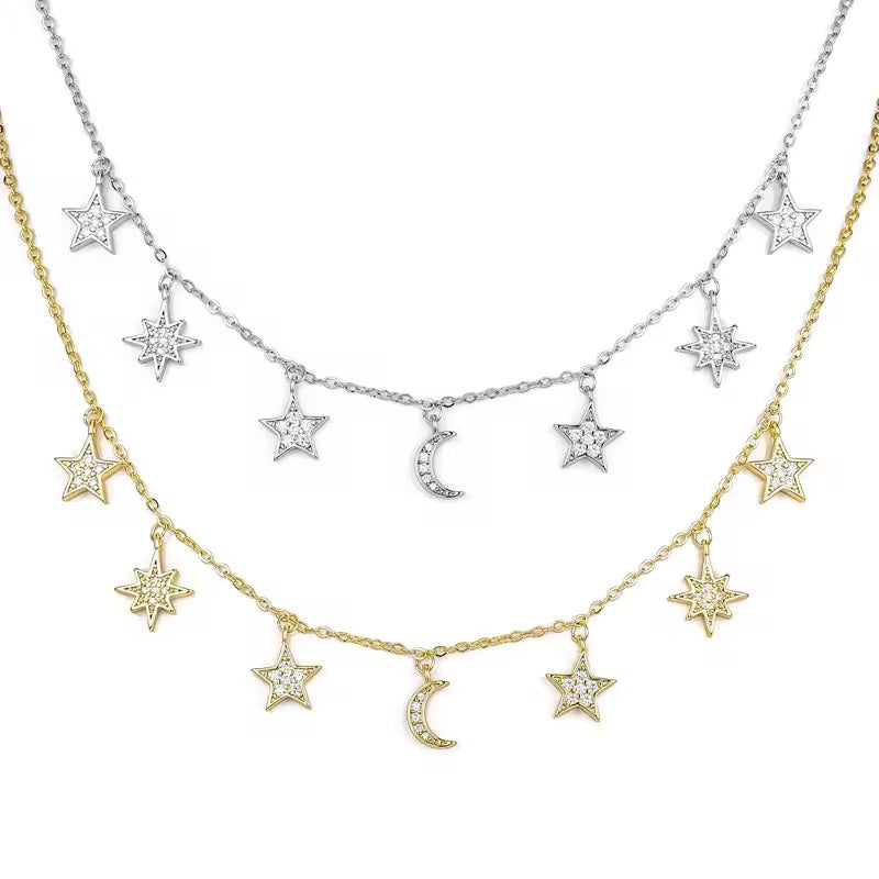 Moon Star Crystal Charm Necklace Silver