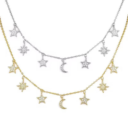 Moon Star Crystal Charm Necklace Gold