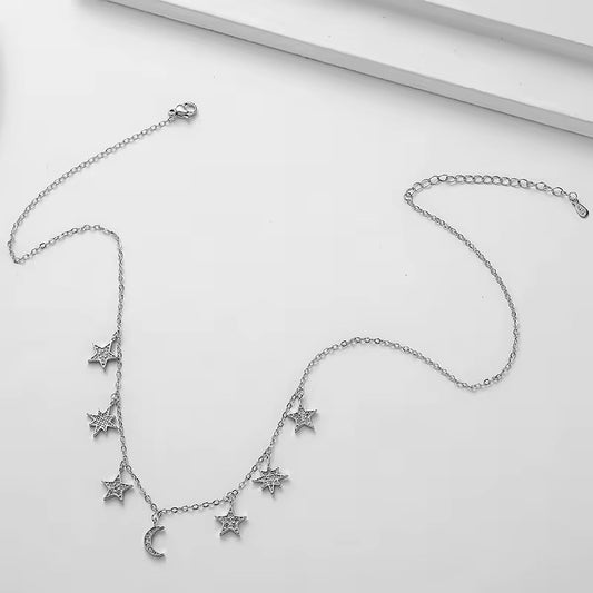 Moon Star Crystal Charm Necklace Silver