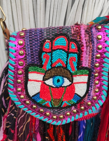 Mini frill sari cross body bag - hand detail