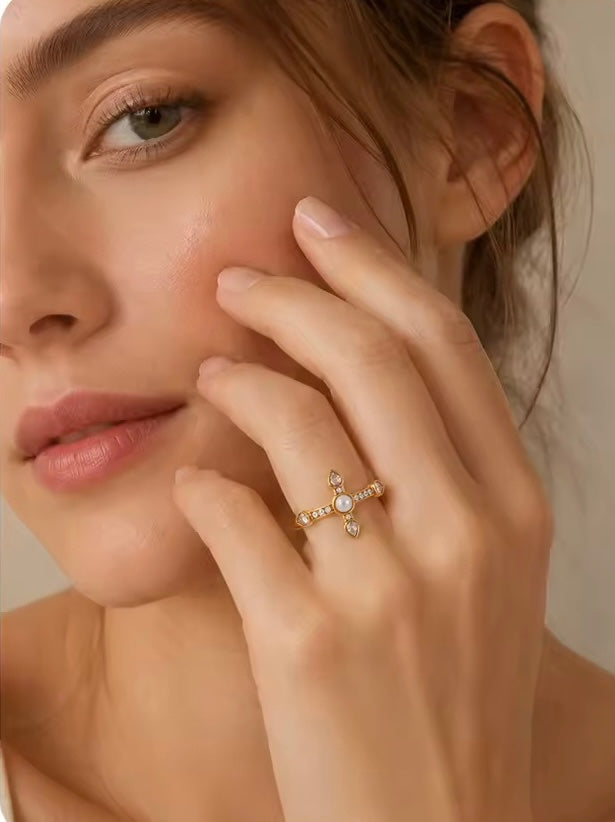 Pearl Halo Cross Ring Size 7