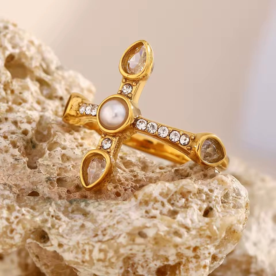 Pearl Halo Cross Ring Size 8