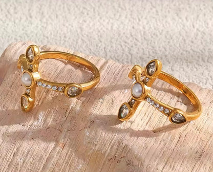 Pearl Halo Cross Ring Size 6