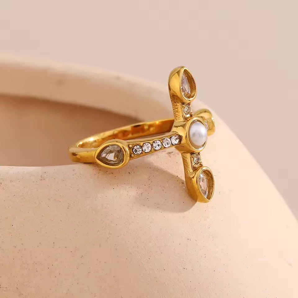Pearl Halo Cross Ring Size 7