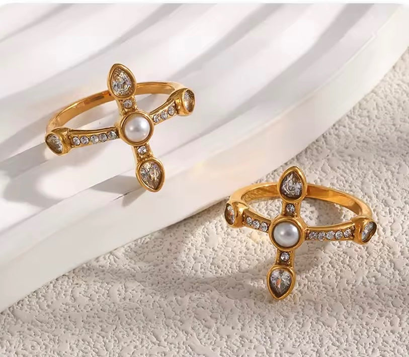 Pearl Halo Cross Ring Size 6