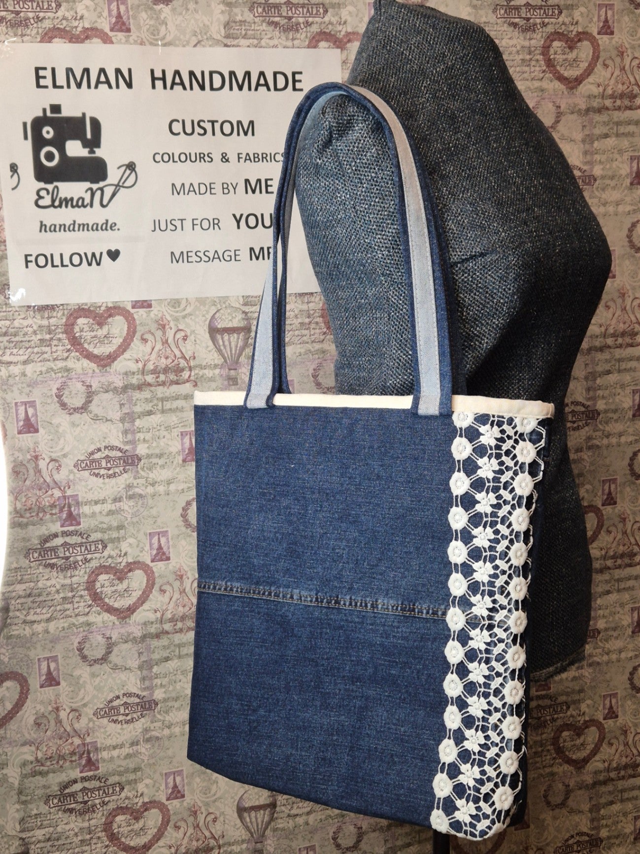 Denim&lace tote