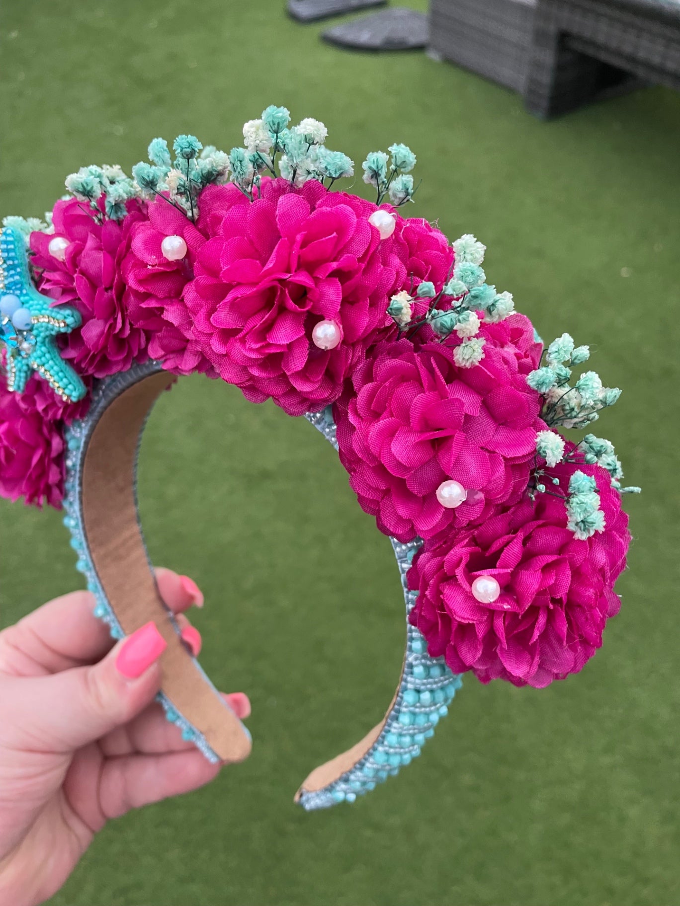 Beaded Starfish & Magenta Flower Headband