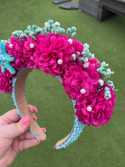 Beaded Starfish & Magenta Flower Headband