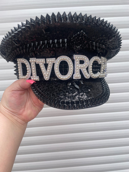 “DIVORCED" Pearl & Rhinestone Black Sequin Spiked Captain's Hat