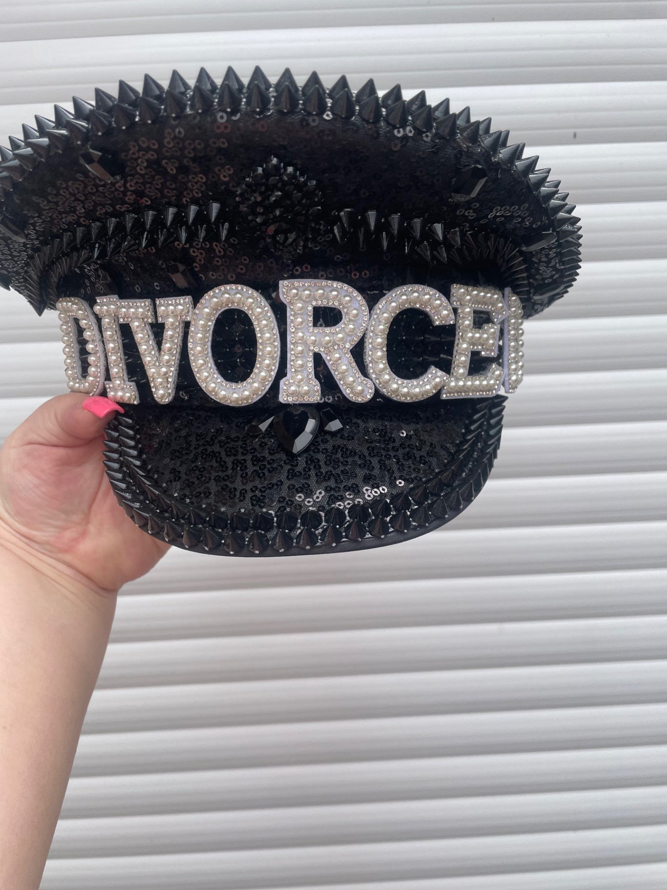 “DIVORCED" Pearl & Rhinestone Black Sequin Spiked Captain's Hat