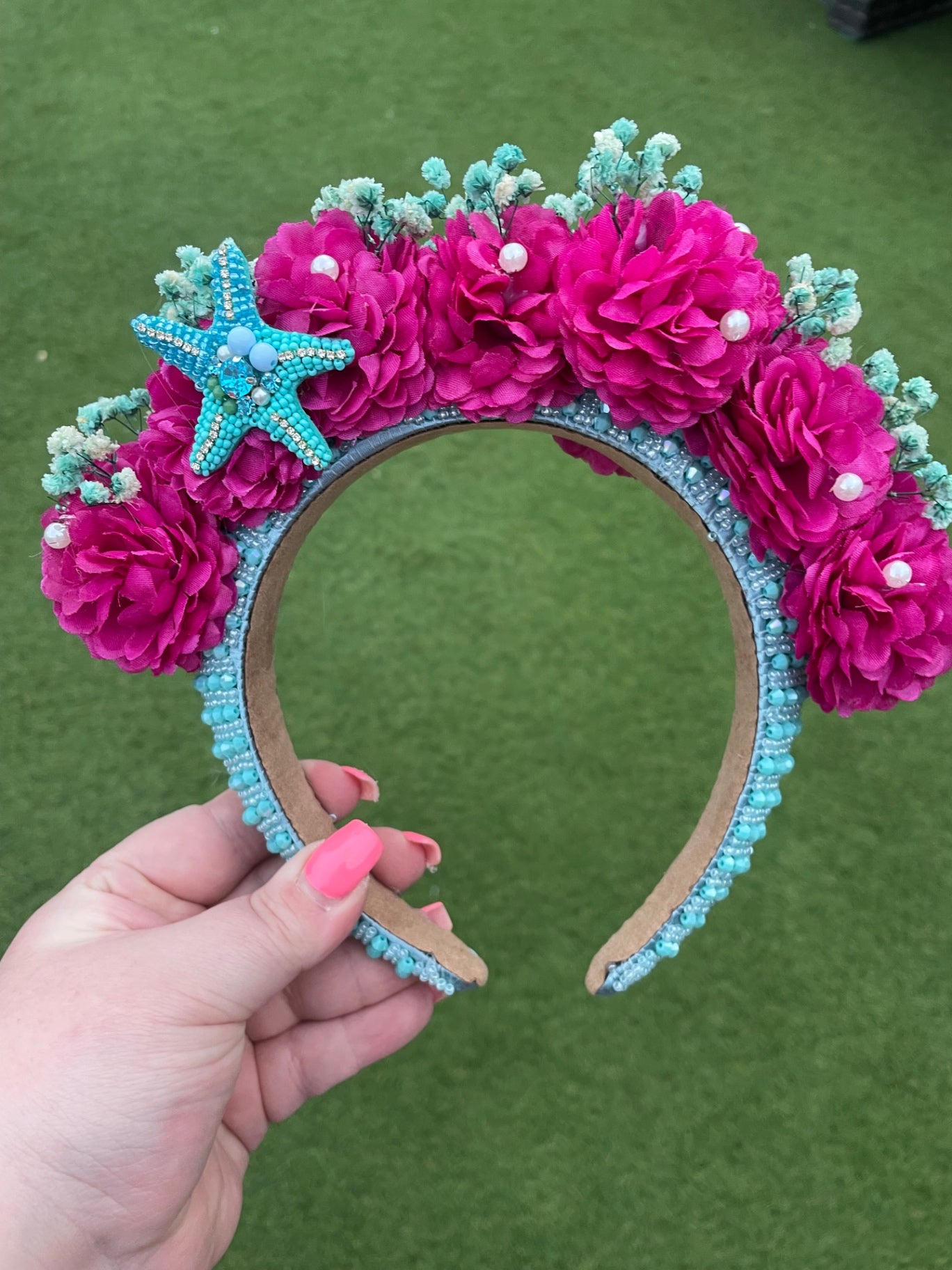 Beaded Starfish & Magenta Flower Headband
