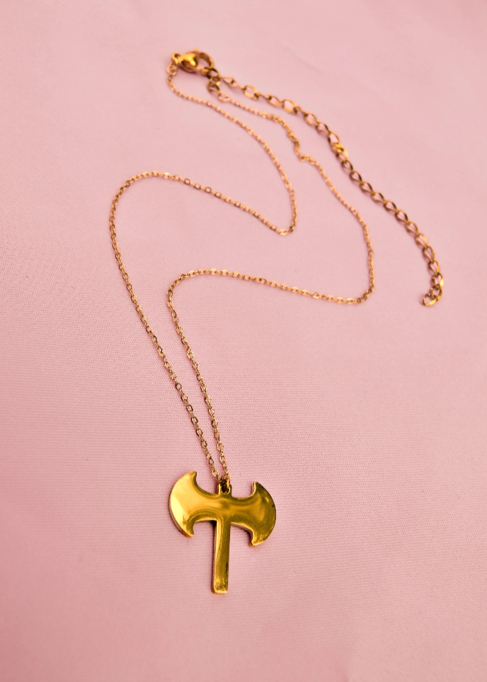 Labrys symbol charm necklace in 14k gold plated 304 stainless steel.