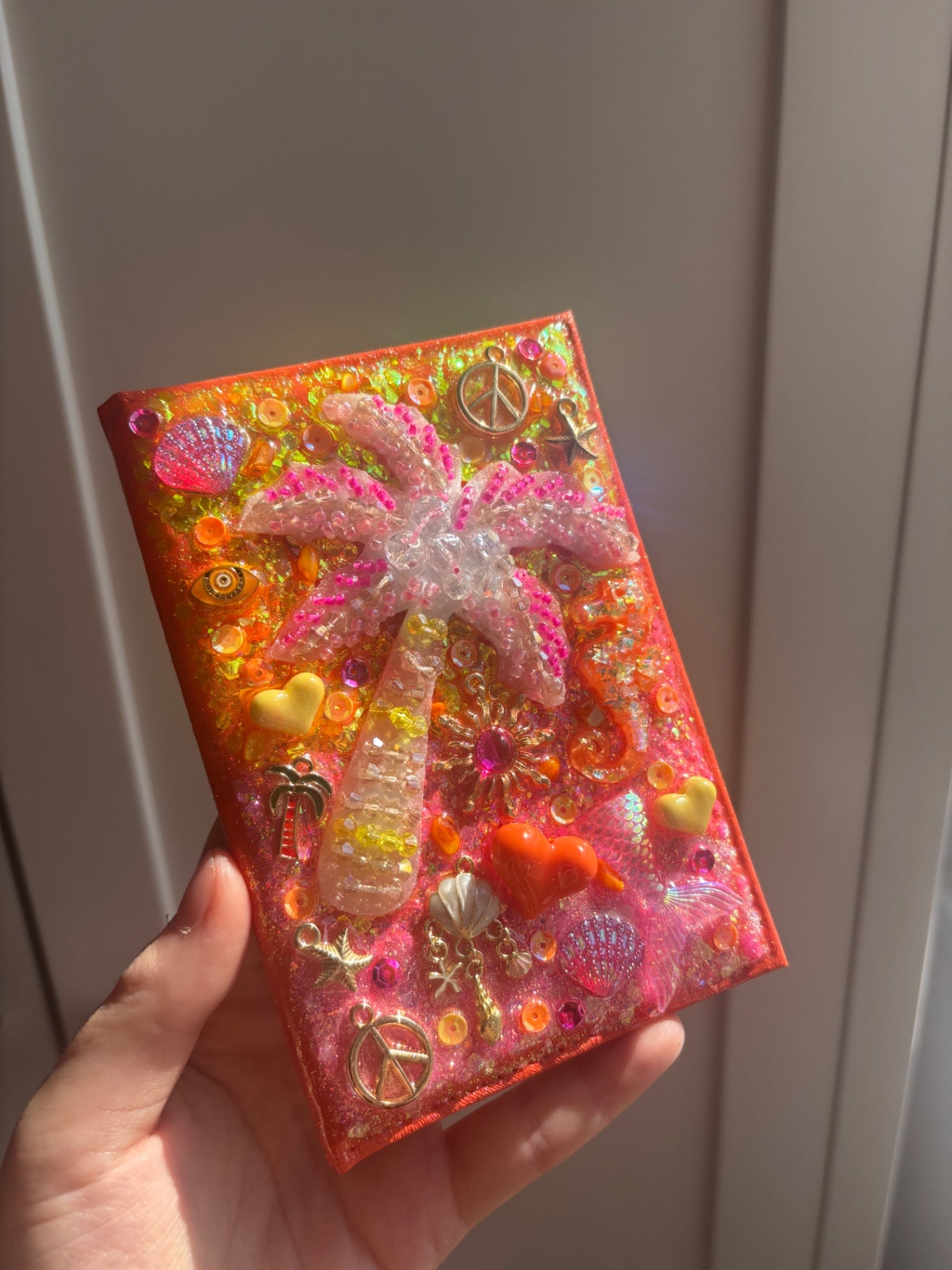 Passport cover - pink palm tree beaded patch 