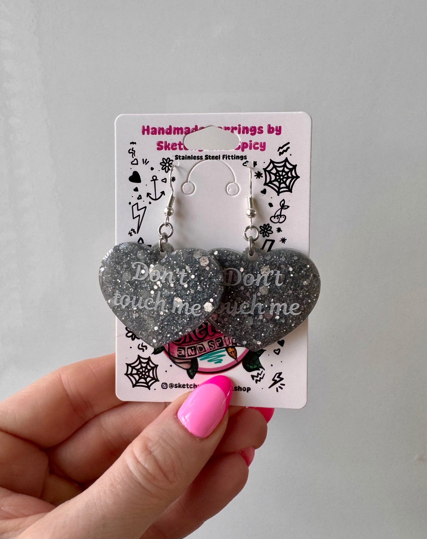 Silver Glitter ‘Don’t Touch Me’ Heart Earrings