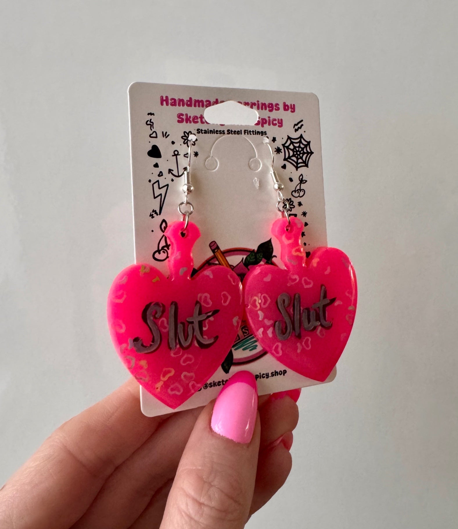 Hot Pink Heart Glitter Slut Earrings