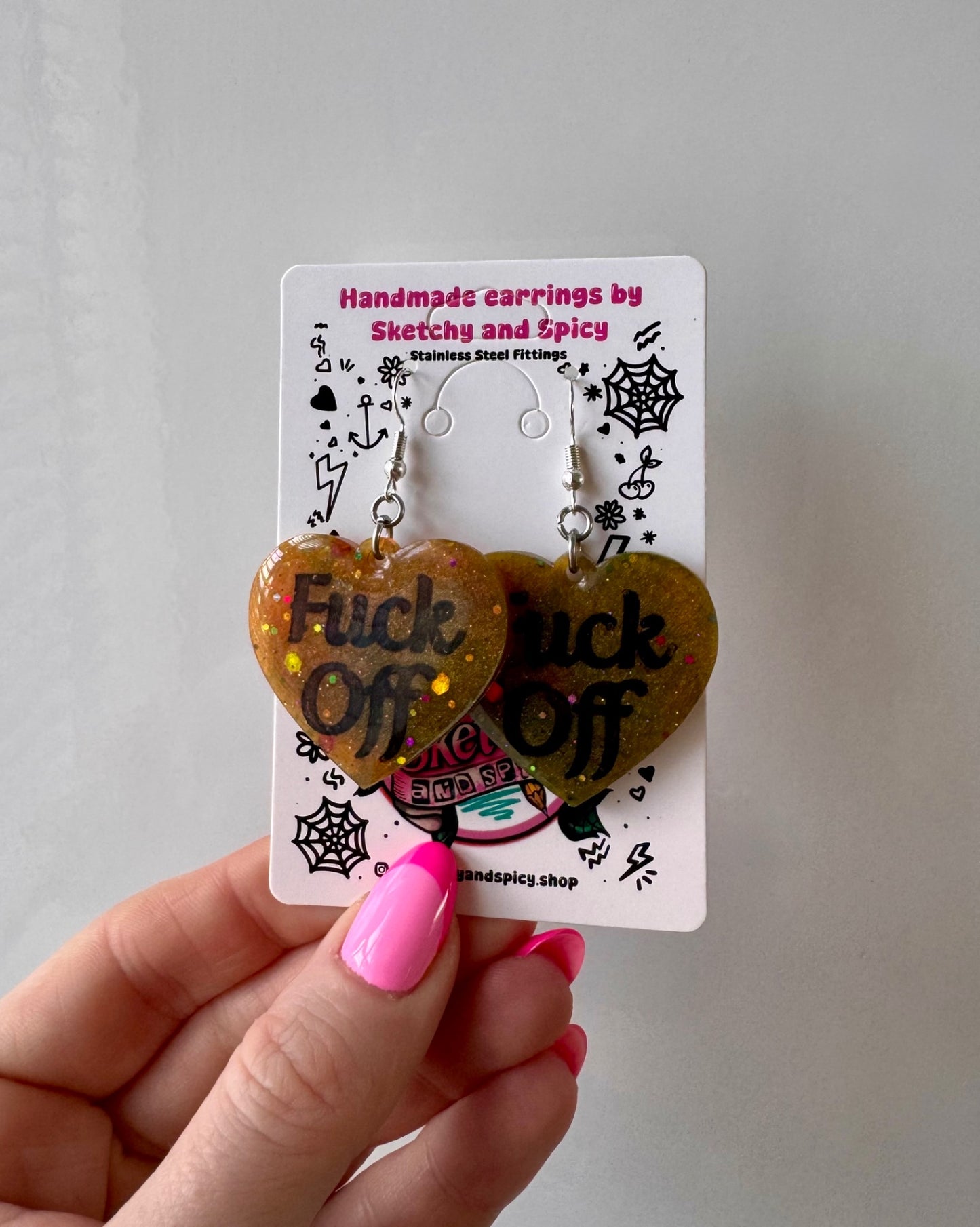 Bronze Glitter ‘Fuck Off’ Earrings