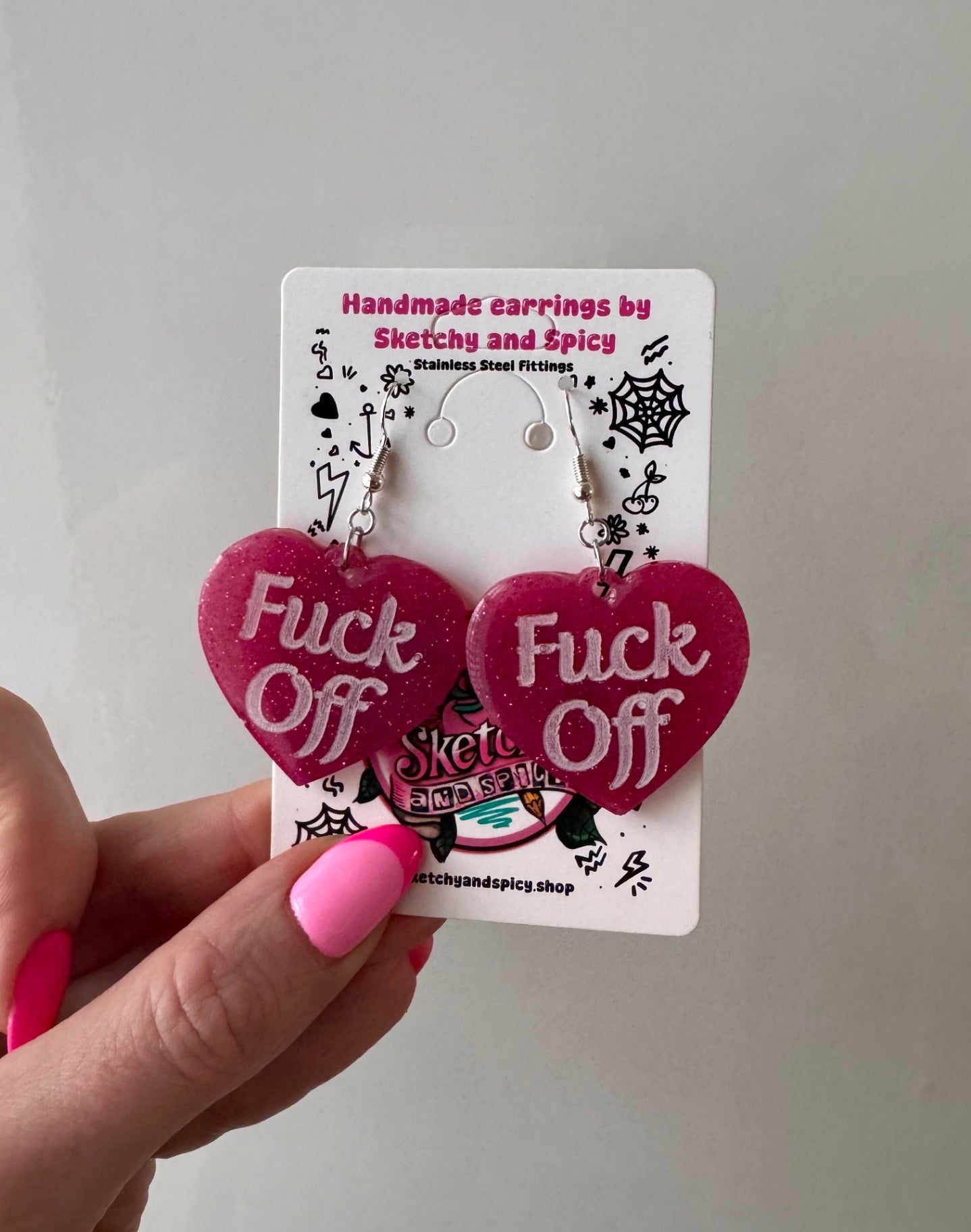 Pink Glitter ‘Fuck Off’ Heart Earrings