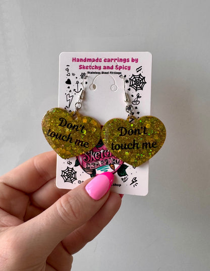 Gold & Green Glitter ‘Don’t Touch Me’ Heart Earrings