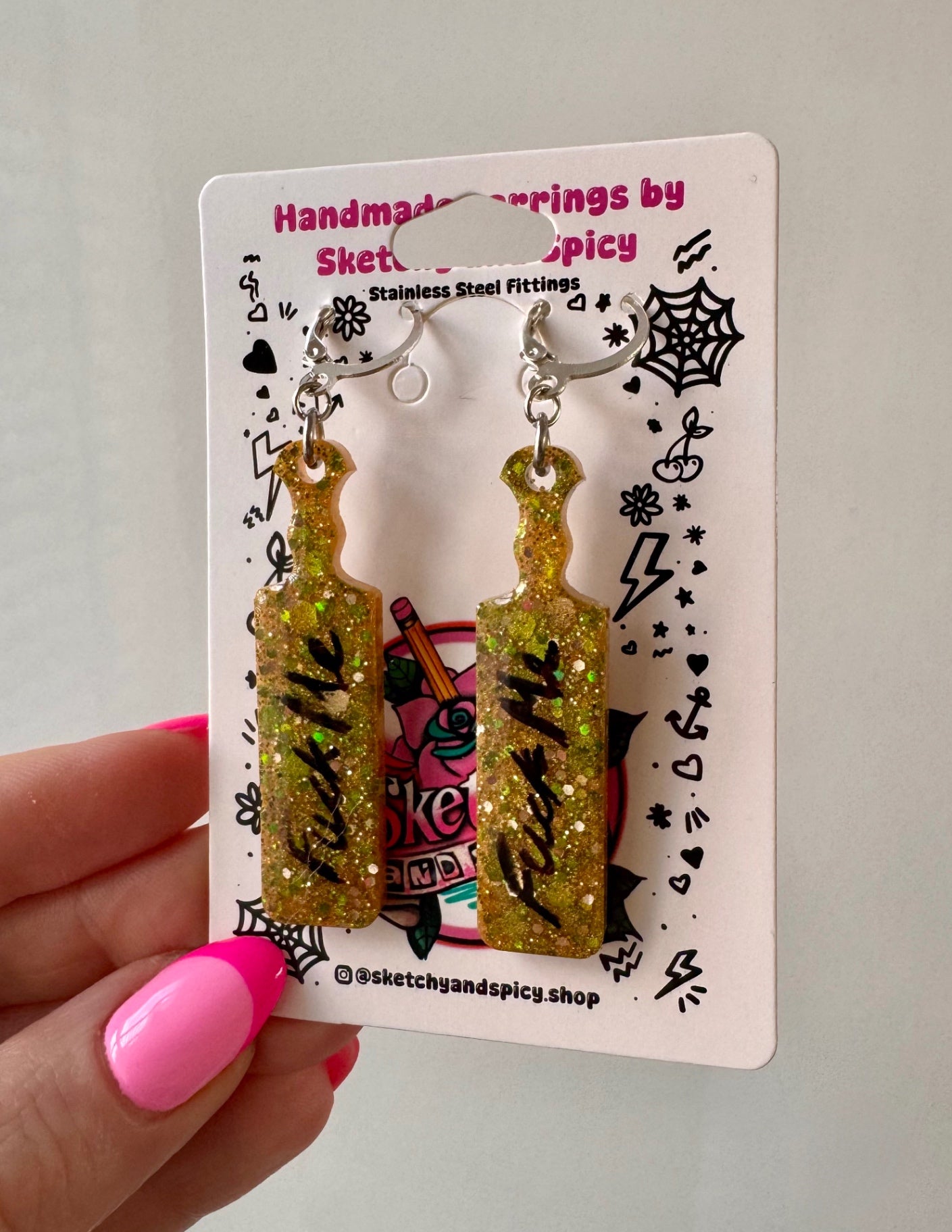 Gold Glitter ‘Fuck Me’ Paddle Earrings