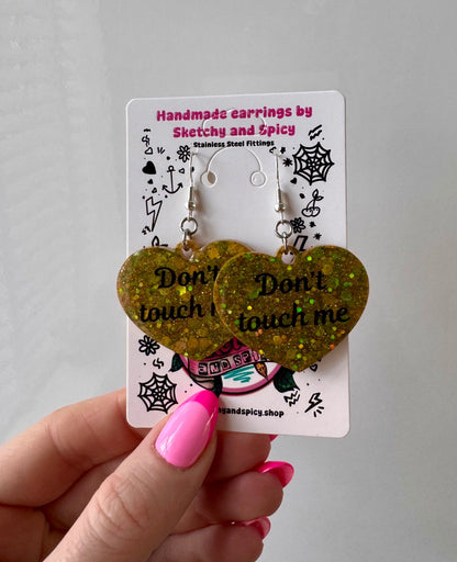 Gold & Green Glitter ‘Don’t Touch Me’ Heart Earrings