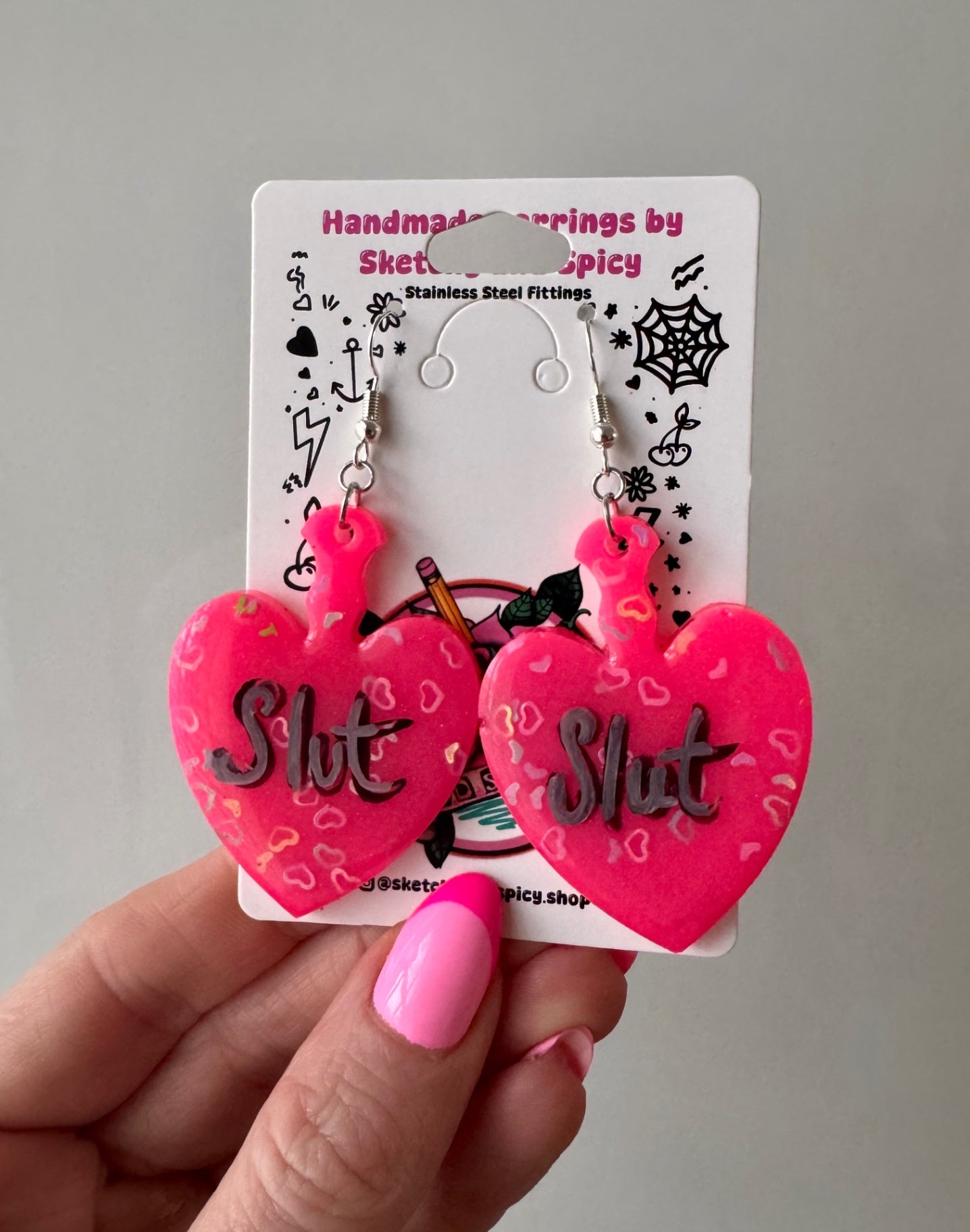Hot Pink Heart Glitter Slut Earrings