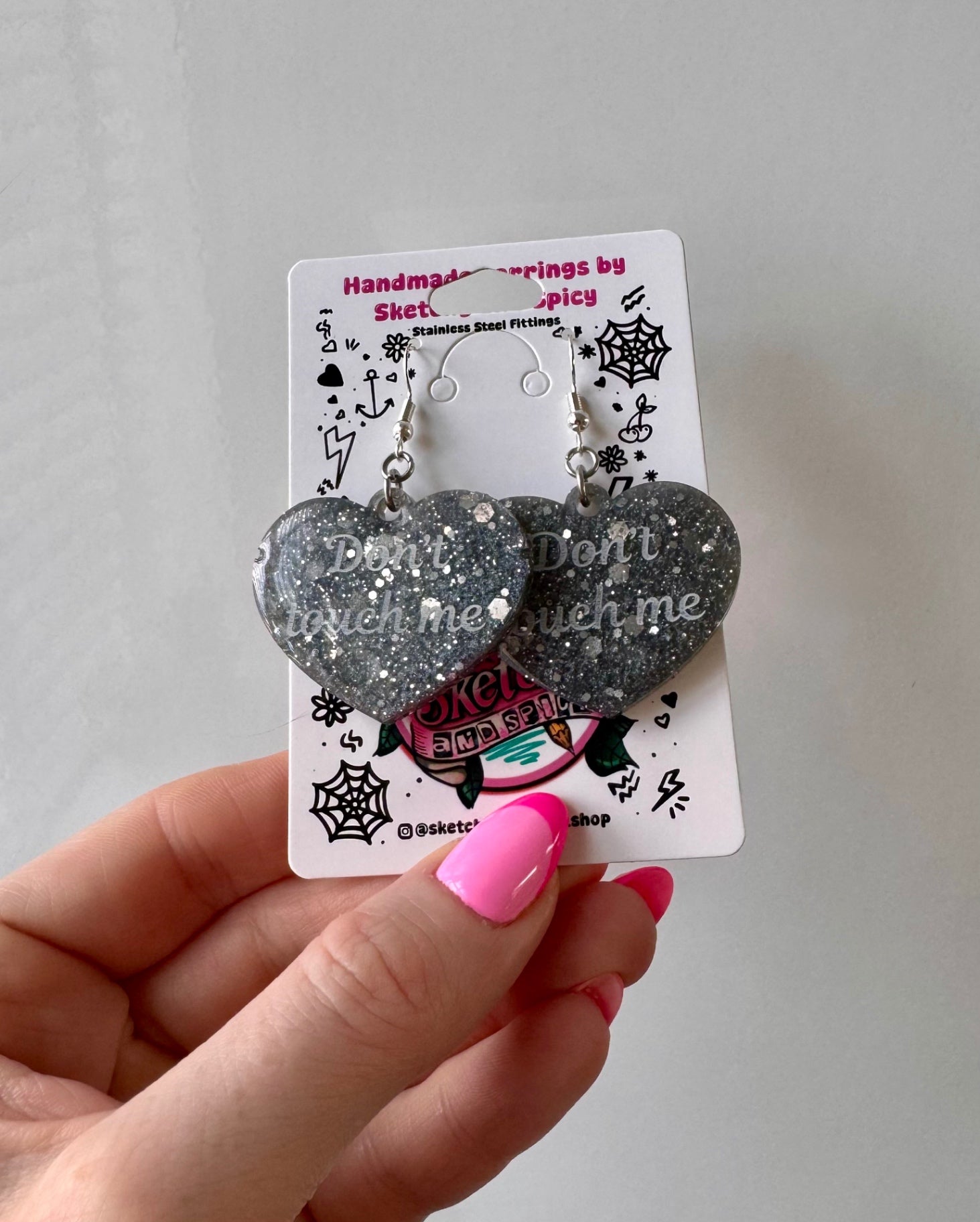 Silver Glitter ‘Don’t Touch Me’ Heart Earrings