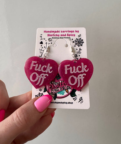 Pink Glitter ‘Fuck Off’ Heart Earrings