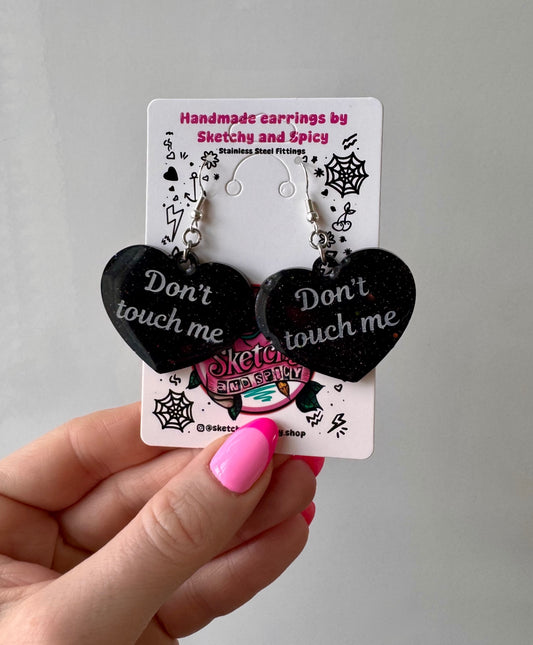 Black Glitter ‘Don’t Touch Me’ Heart Earrings