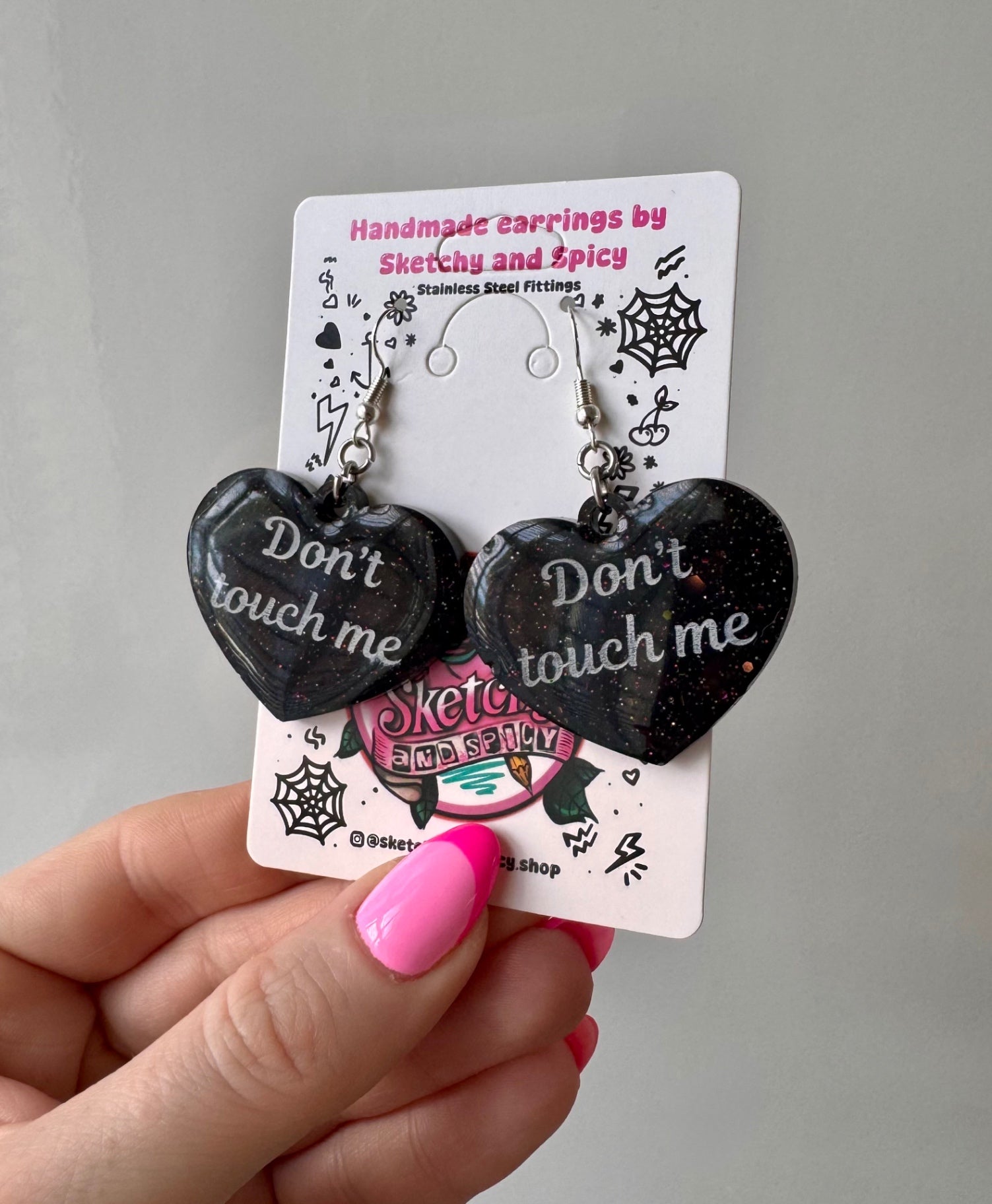 Black Glitter ‘Don’t Touch Me’ Heart Earrings