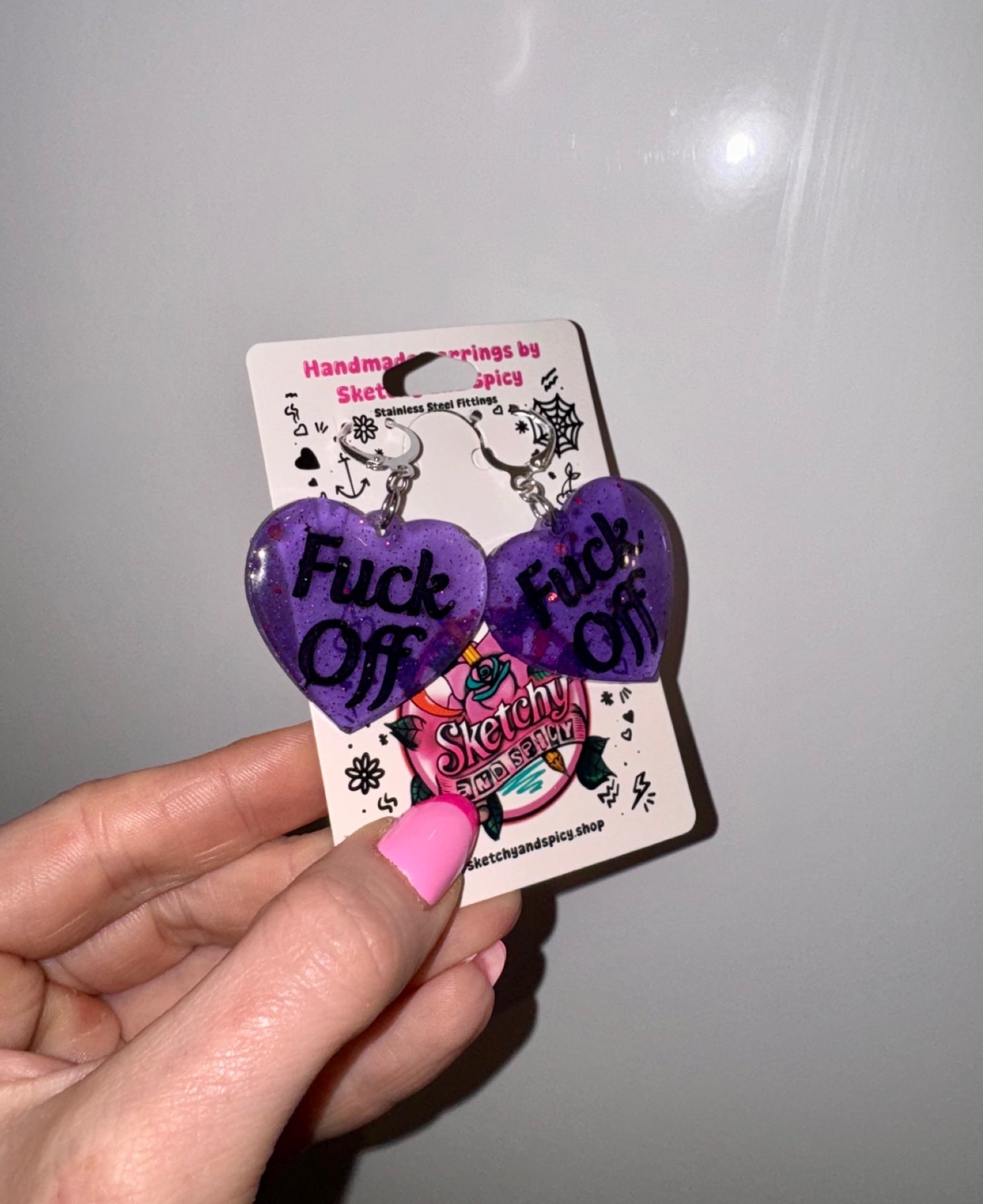 Purple Glitter ‘Fuck Off’ Heart Earrings