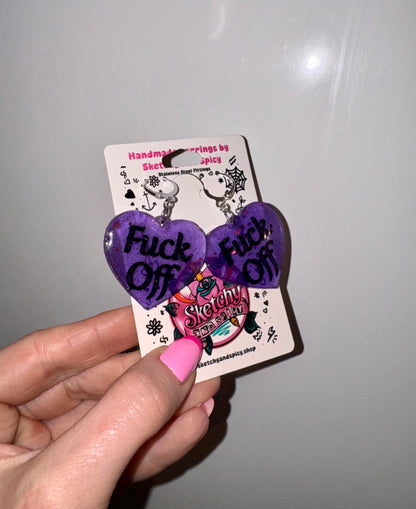 Purple Glitter ‘Fuck Off’ Heart Earrings