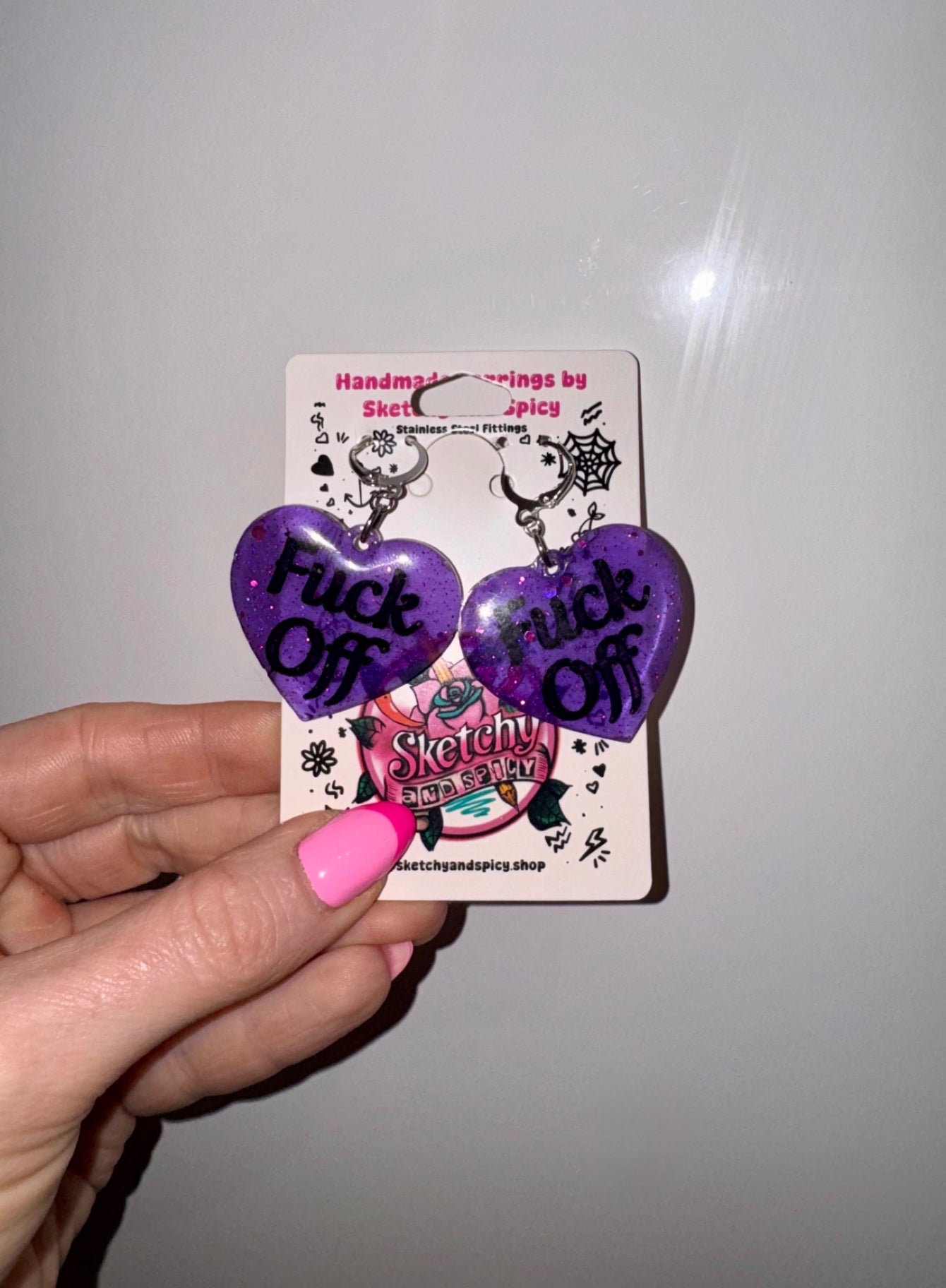 Purple Glitter ‘Fuck Off’ Heart Earrings