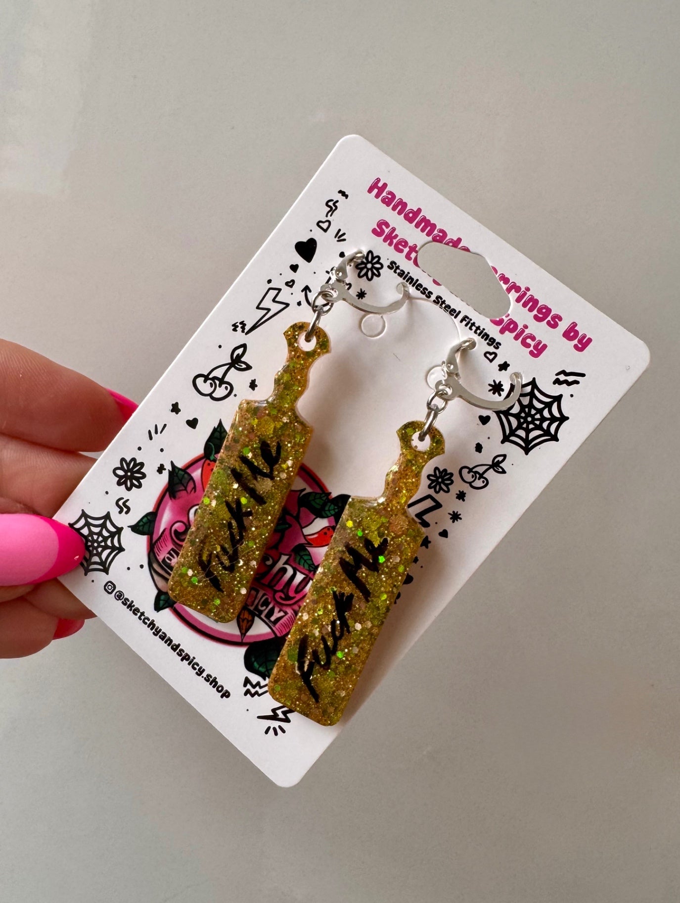 Gold Glitter ‘Fuck Me’ Paddle Earrings
