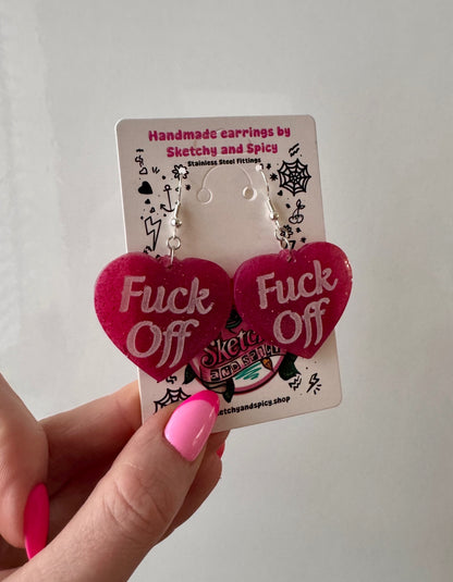 Pink Glitter ‘Fuck Off’ Heart Earrings