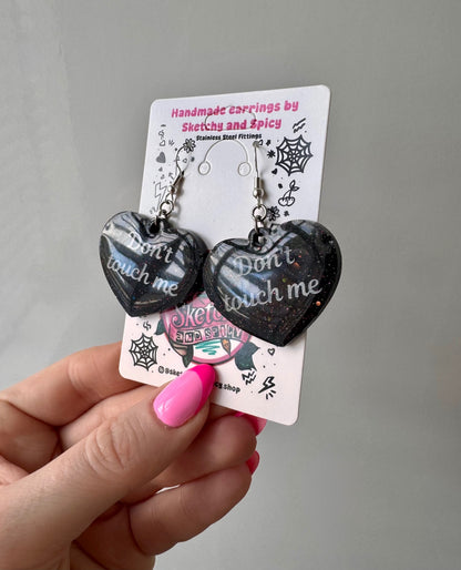 Black Glitter ‘Don’t Touch Me’ Heart Earrings