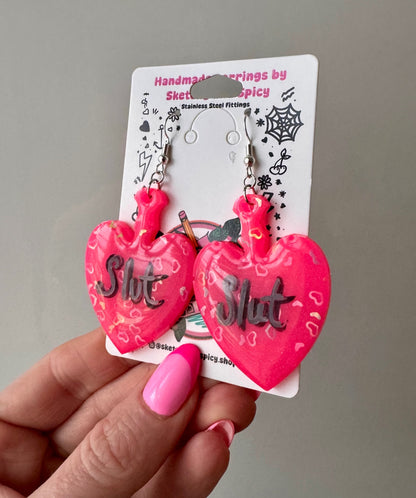 Hot Pink Heart Glitter Slut Earrings