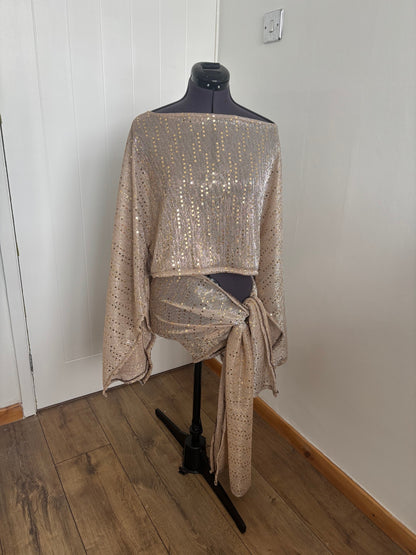 gold poncho top and sarong skirt set 