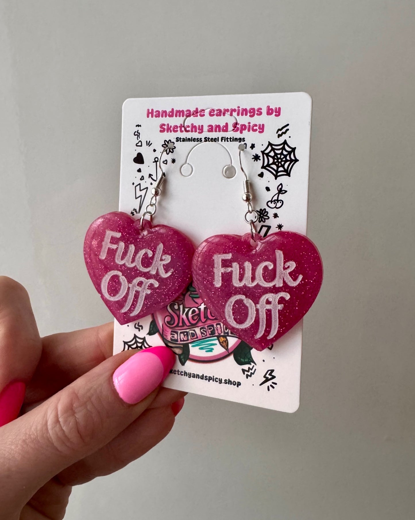 Pink Glitter ‘Fuck Off’ Heart Earrings