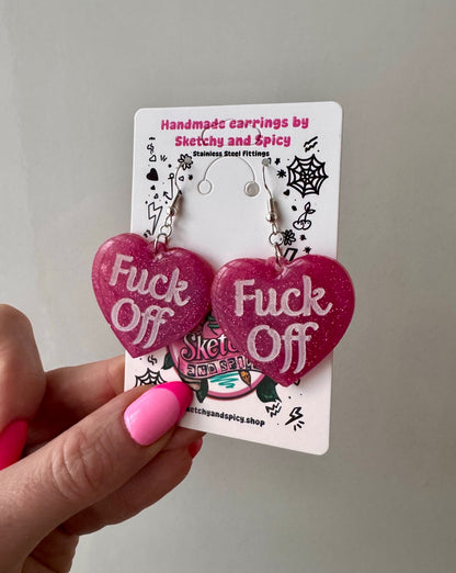 Pink Glitter ‘Fuck Off’ Heart Earrings