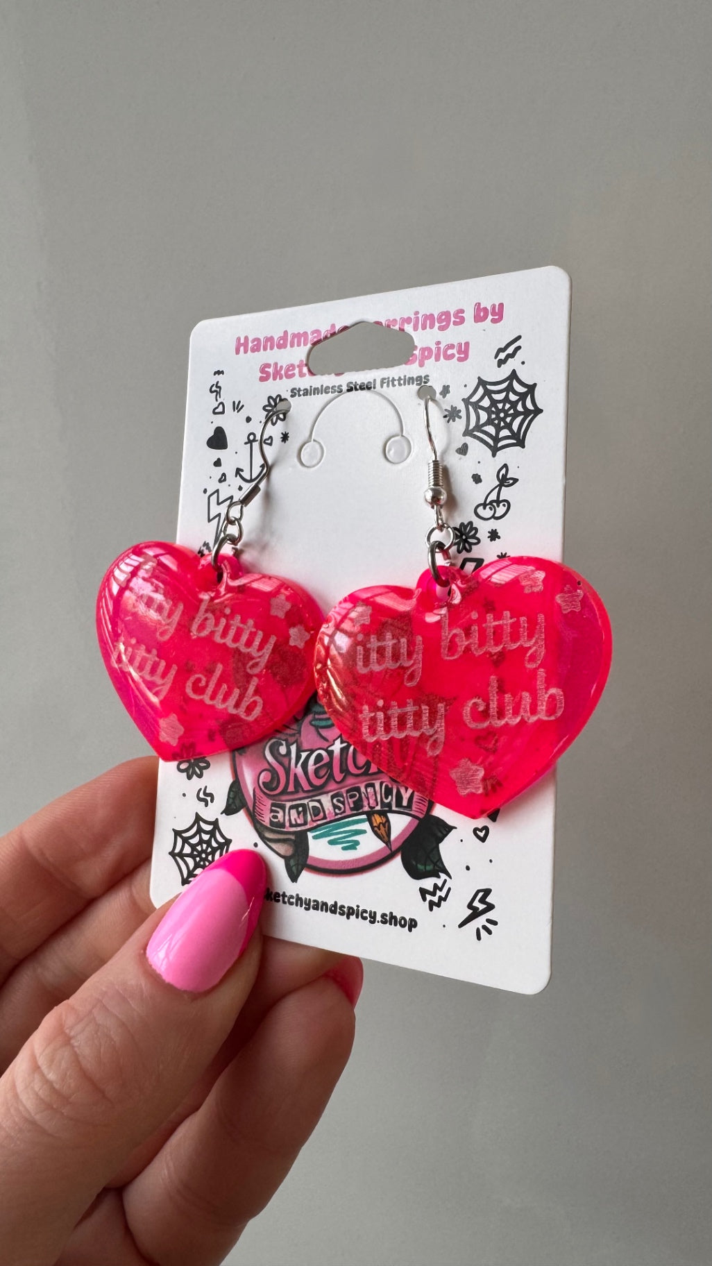 Pink ‘Itty Bitty Titty Club’ Heart Earrings