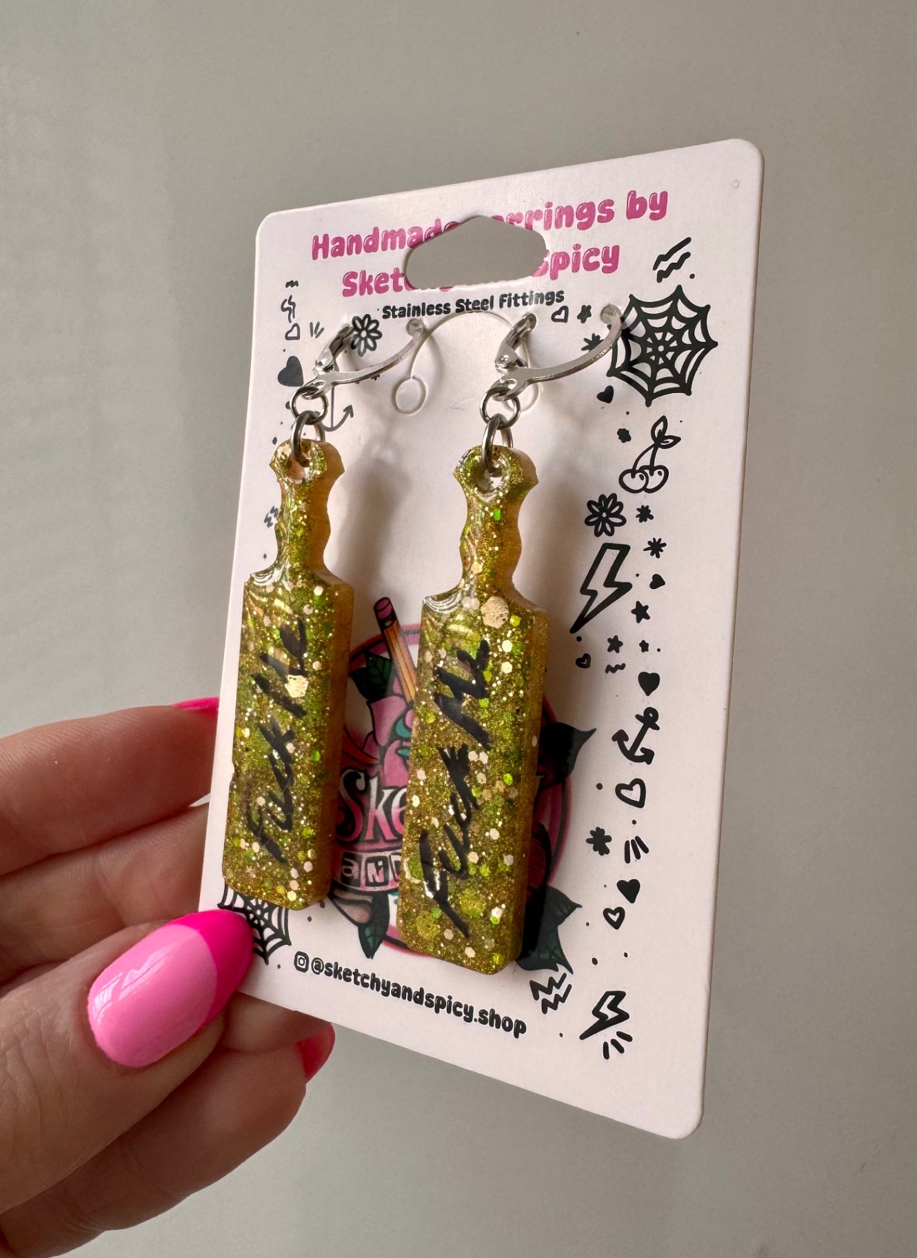 Gold Glitter ‘Fuck Me’ Paddle Earrings