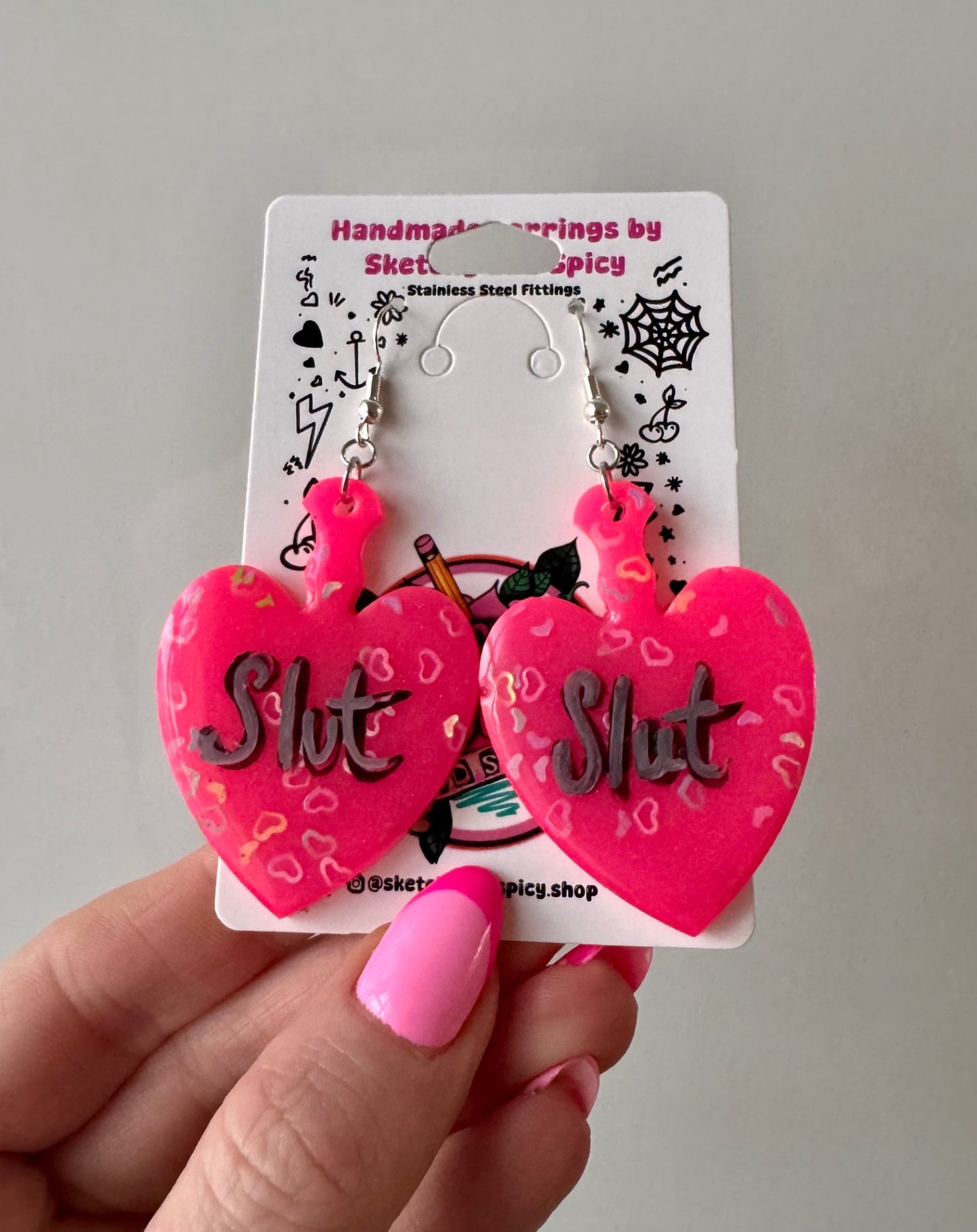 Hot Pink Heart Glitter Slut Earrings