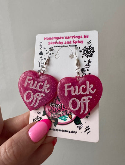 Pink Glitter ‘Fuck Off’ Heart Earrings