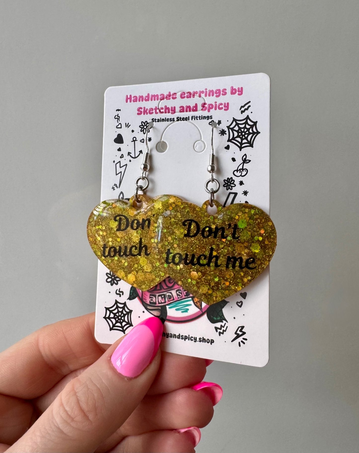 Gold & Green Glitter ‘Don’t Touch Me’ Heart Earrings