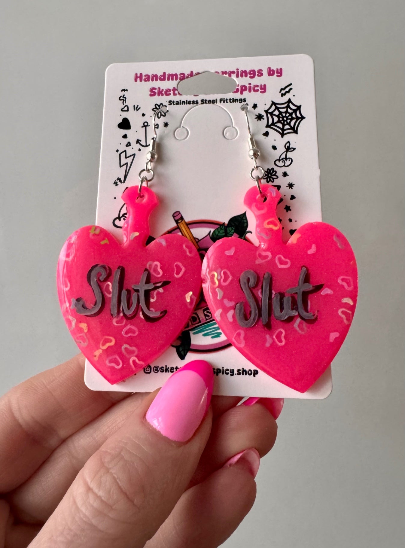 Hot Pink Heart Glitter Slut Earrings
