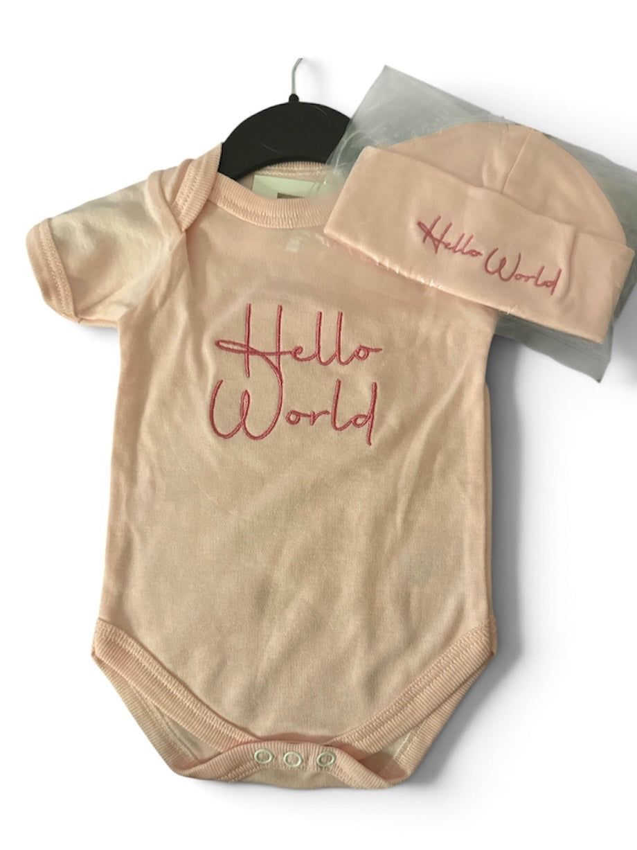 0-3m Pink Hello World Vest & Hat