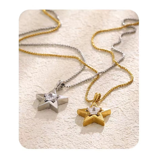 Crystal North Star Pendant Necklace Silver 