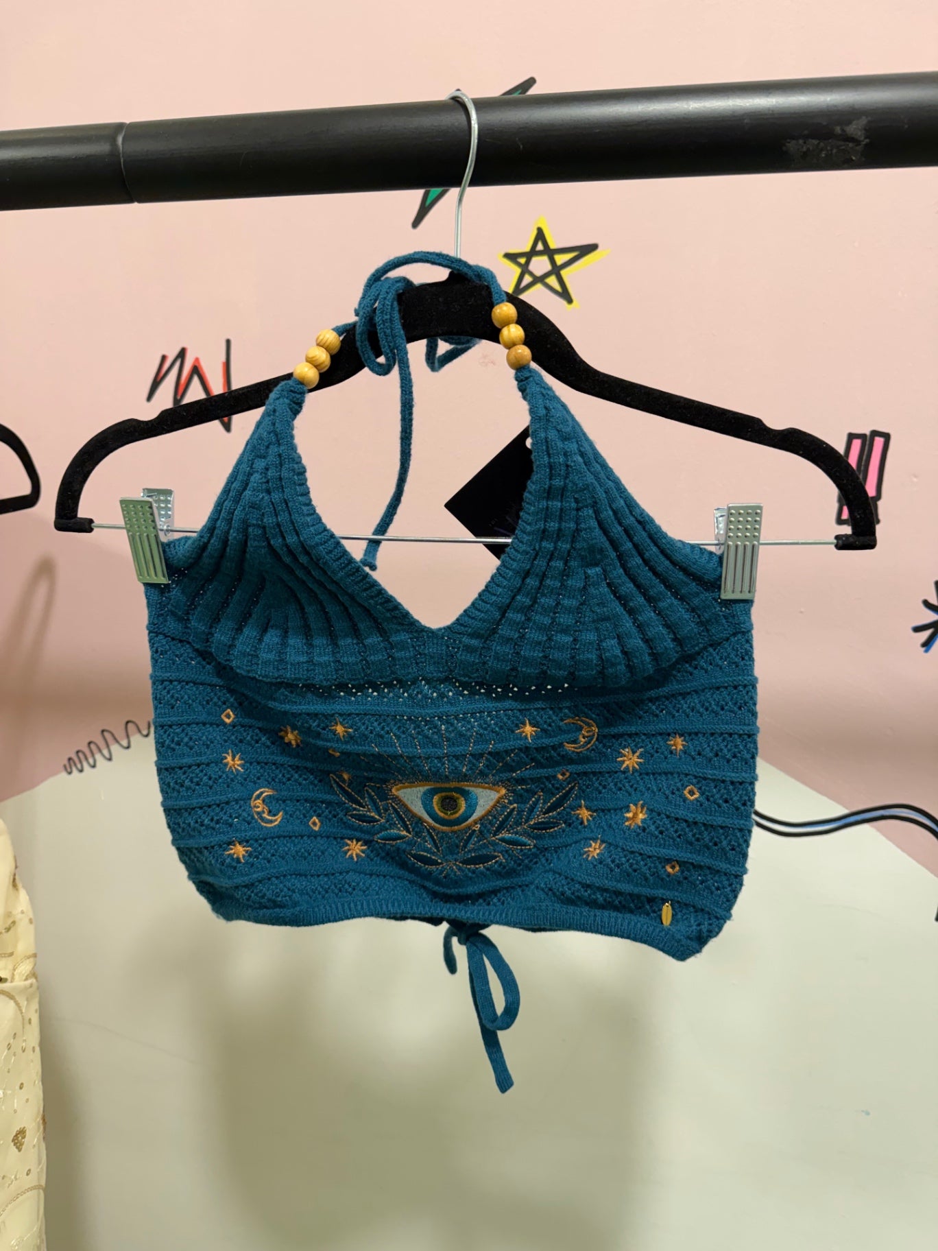 Green Cosmic Embroidered Halter Top