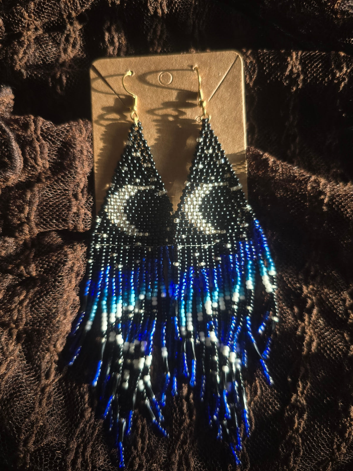 Dark blue beaded moon earrings 