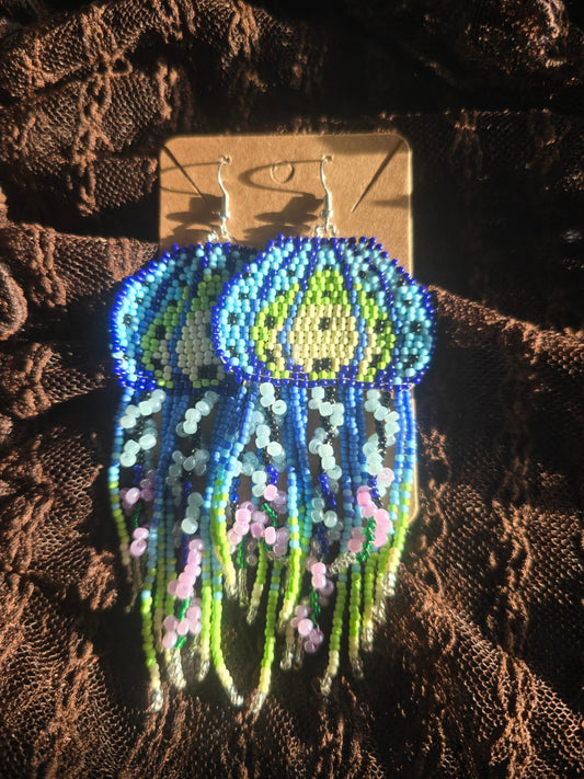 Blue beaded jelly fish earrings 